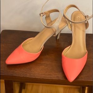 Orangish and nude heels with ankle buckle